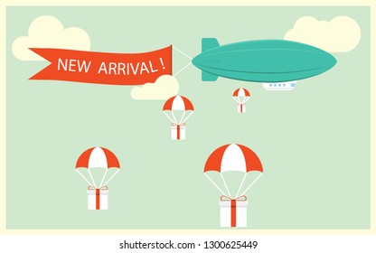 Retro styled airship with the ribbon and text new arrival and gifts for potential customers. Cool set of vector helium ad blimp airship. Modern flat concept design on flying airship with the ribbon.