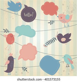 Retro styled background with tweeting cute birds