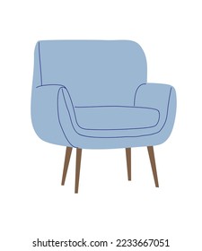 Retro styled blue armchair design with wood base and upholstered seat. Trendy mid century modern 60s lounge arm chair furniture for living room. Flat vector illustration isolated on white background.