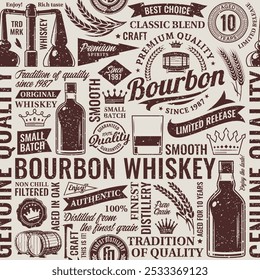 Whisky bourbon de estilo retro sin patrón o fondo. Iconos del whisky Bourbon, Elementos de diseño de marca e identidad