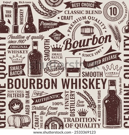 Retro styled bourbon whiskey seamless pattern or background. Bourbon whiskey icons, branding and identity design elements