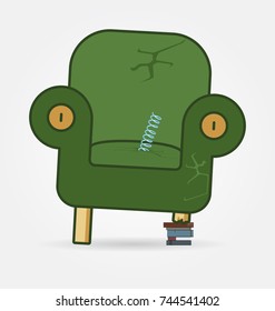 Retro Styled Broken Armchair Thin Line Icon With Sticking Out Spring And Broken Leg. Modern Vector Illustration Of Furniture.