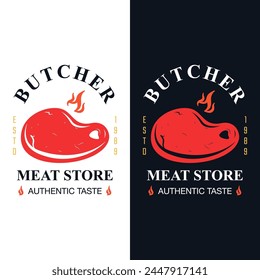 Retro styled butchery logo for meat stores, bbq restaurant, steak house, groceries packaging and advertising. Vector illustration