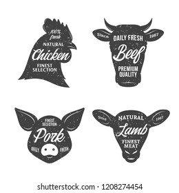 Retro styled butchery logo templates. Farm animal icons for groceries, meat stores, butcher's shops, packaging and advertising.