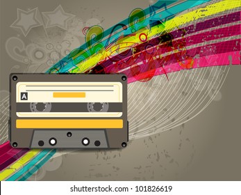 A retro styled cassette on old paper background with abstract floral and colorful lines. eps10, vector illustration.