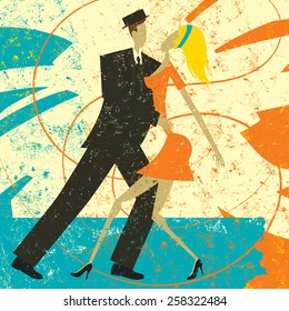 A retro styled couple dancing over an abstract background. The dancers and the background are on separate labeled layers.