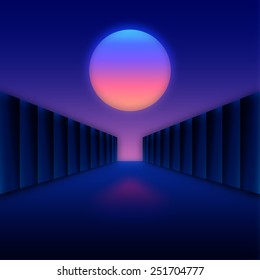 Retro styled digital futuristic landscape with moon and dark corridor gate.