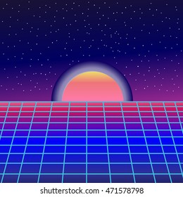 Retro styled digital futuristic landscape. Background in  Sci-Fi, 80s.