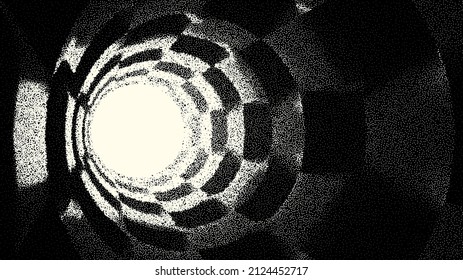 Retro styled docking corridor on space station or light at the end of tunnel concept for sci-fi poster or flyer. Gate or cave with dotwork style.