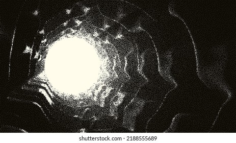 Retro styled docking corridor on space station or light at the end of tunnel concept for sci-fi poster or flyer. Gate or cave with dotwork style