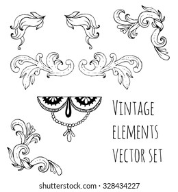 Retro styled elements set. Vector illustration. Black and white.Hand-drawn.