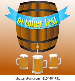 Retro styled emblem with glasses of beer, wooden barrel, twisted vintage ribbon and the text Beer festival Oktoberfest. Vector illustration.