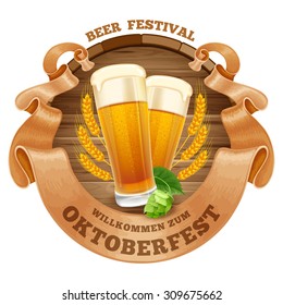 Retro styled emblem with glasses of beer, wooden barrel, twisted vintage ribbon and the text Beer festival Oktoberfest. Isolated on white background. Vector illustration.