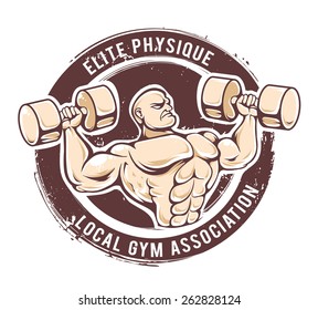 Retro styled fitness man. Grunge gym emblem with muscular dude. Vector art.