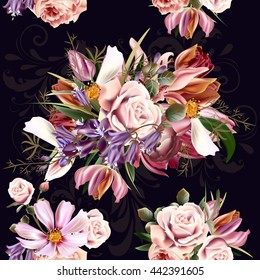 Retro styled floral pattern with rose flowers and lilac can be used for wallpapers fabric T-shirt print invitations scrap-booking packaging