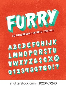 Alfabeto "Furry", De Diseño Retro Gracioso, Dibujado A Mano En 3D. Cartas, números y símbolos. Ilustración vectorial.