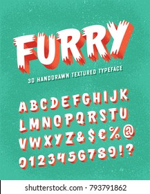 Retro Styled Funny 3D Hand Drawn 'Furry' Alphabet. Letters, Numbers and Symbols. Vector Illustration.