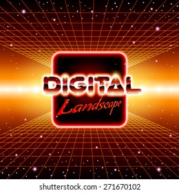 Retro styled futuristic landscape with lettering and shiny grid.
