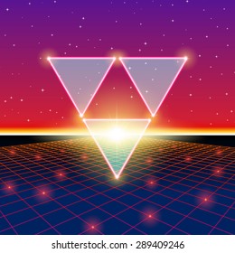 Retro styled futuristic landscape with triforce and shiny grid