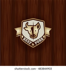 retro styled golden metallic emblem of butcher meat shop seal on classical wood texture bovine butcher animal classical product meat farm cutlery pig natural fatal metallic burning food wood market ri
