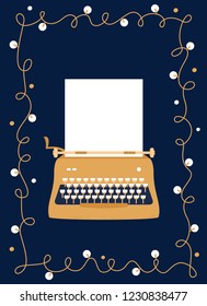 Retro Styled Golden Typewriter with Blank Sheet of Paper. Festive Vector Design. Greeting Card.