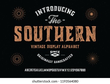Retro Styled Gothic Font. Vintage Hand Drawn Typeface + 4 sunbursts. Vector