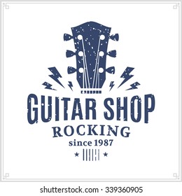 Retro styled guitar shop logo template. Music icon for audio store branding and identity.