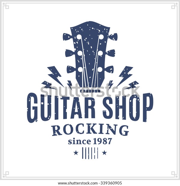 Retro styled guitar shop logo\
template. Music icon for audio store branding and\
identity.