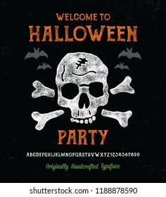 Retro Styled Halloween Font with skull. Vintage Hand Drawn Typeface.  Original Letters and Numbers. Vector