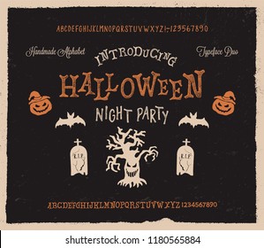  Retro Styled Halloween Font. Vintage Hand Drawn Typeface Duo. Inspired by Old Comic Books and Scary Movie Posters. Vector Illustration