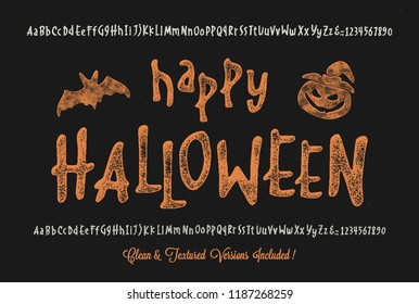  Retro Styled Halloween Font. Vintage Hand Drawn Typeface Duo. Vector Illustration