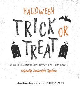 Retro Styled Halloween Font. Vintage Hand Drawn Typeface.  Original Letters and Numbers. Vector