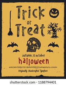 Retro Styled Halloween Font. Vintage Hand Drawn Typeface.  Original Letters and Numbers. Vector