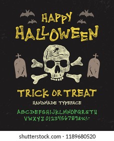 Retro Styled Halloween Font. Vintage Hand Drawn Typeface.  Original Letters and Numbers. Vector