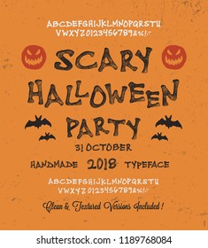  Retro Styled Halloween Font. Vintage Hand Drawn Typeface.  Original Letters and Numbers. Clean & Textured Versions Included. Vector.