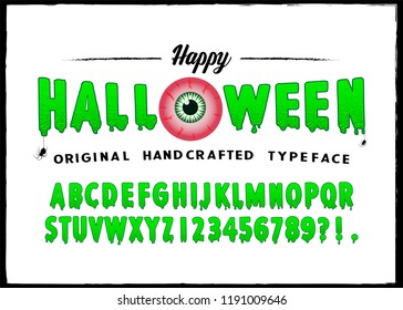 Retro Styled Halloween Font. Vintage Hand Drawn Typeface. Original Letters and Numbers. Vector.