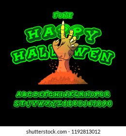 Retro Styled Halloween Font. Vintage Hand Drawn Typeface. Original Letters and Numbers. Vector.Poster with zombie hand.