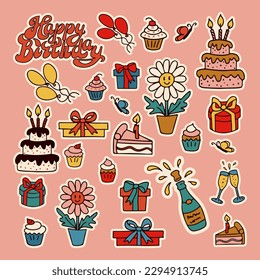 Retro styled hand drawn isolated set of stickers for birthday party. Cupcakes with cream, strawberries and cherries, champagne with wine glasses, birthday cake with candles, gifts Unique vector design