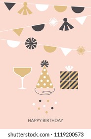 Retro styled happy birthday greeting card. Vector illustration.