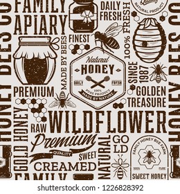 Retro styled honey seamless pattern, logo and packaging design elements for apiary and beekeeping  products, branding and identity. Vector honey icons, bees and jars.