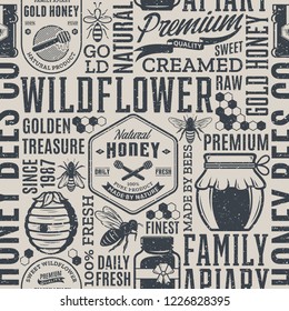 Retro styled honey seamless pattern, logo and packaging design elements for apiary and beekeeping  products, branding and identity. Vector honey icons, bees and jars.