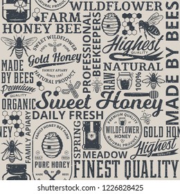 Retro styled honey seamless pattern, logo and packaging design elements for apiary and beekeeping  products, branding and identity. Vector honey icons, bees and jars.