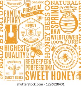 Retro styled honey seamless pattern, logo and packaging design elements for apiary and beekeeping  products, branding and identity. Vector honey icons, bees and jars.
