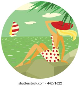 retro styled illustration with beautiful woman sitting on a shore stone watching sea with yacht on a horizon