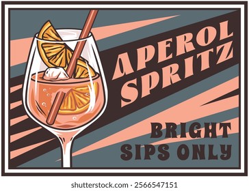 Retro styled illustration showcasing a refreshing aperol spritz cocktail, complete with orange slices, ice, and a straw, against a vibrant geometric background