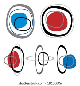 Retro styled interlocking rounded squares in shades of red blue and black