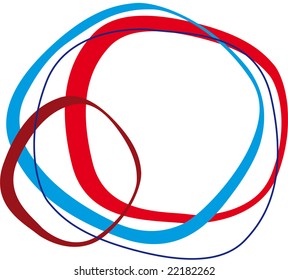 Retro styled interlocking rounded squares in shades of blue and red on white background