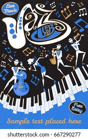 Afiche estilo retro del Jazz Club que presenta una ilustración de estilo abstracto de una vibrante banda de Jazz y un cantante líder super cool que está tocando una elegante pose y tocando una representación musical en vivo en el escenario.