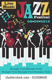 Retro styled Jazz festival Poster featuring an Abstract style illustration of a vibrant Jazz band and cool lead singer who is striking a stylish pose and playing a musical performance live on stage.