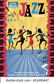 Retro styled Jazz festival Poster featuring an Abstract style illustration of a vibrant group of Jazz dancers.